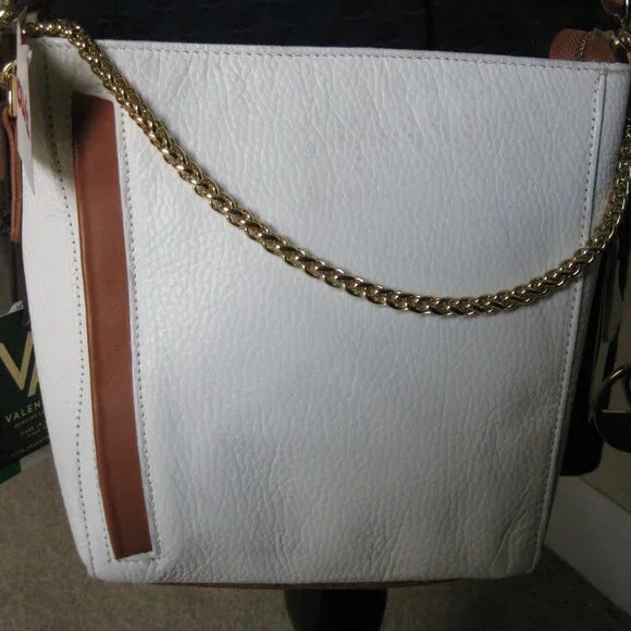 Valentina peeble white leather X-body bag w/ brown leather trim NWT Spring wear - Picture 2 of 15